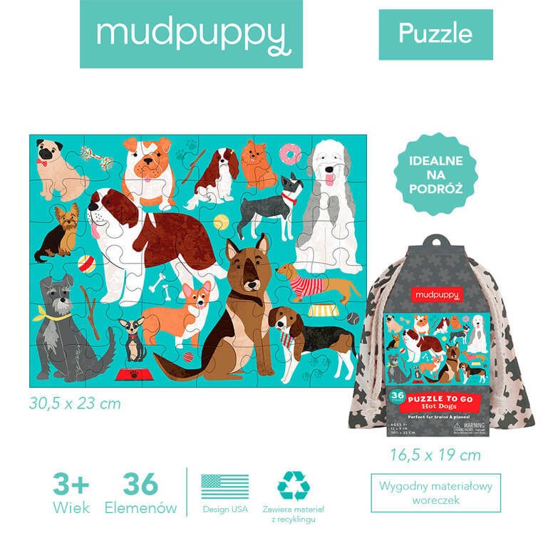 Puzzle podróżne w woreczku Pieski 36 elementów 3+ / Mudpuppy