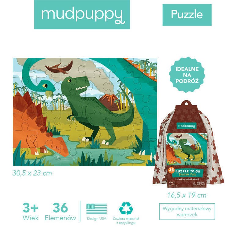 Puzzle podróżne w woreczku Park dinozaurów 36 elementów 3+ / Mudpuppy