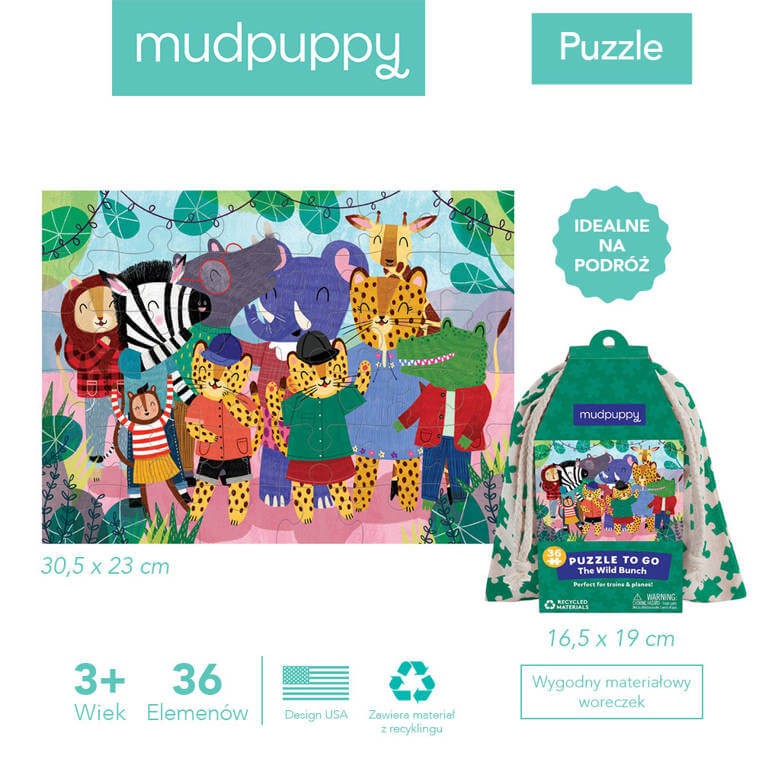 Puzzle podróżne w woreczku Dzika ekipa 36 elementów 3+ / Mudpuppy