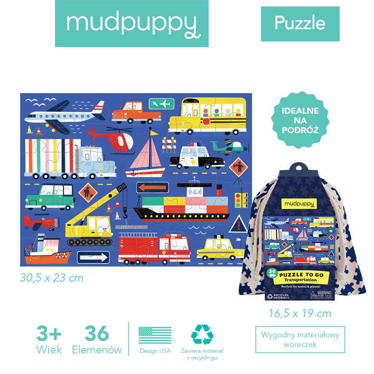 Puzzle podróżne w woreczku Transport 36 elementów 3+ / Mudpuppy