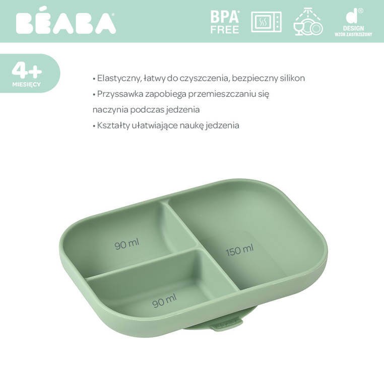 Silikonowy trójdzielny talerz z przyssawką Sage green / Beaba