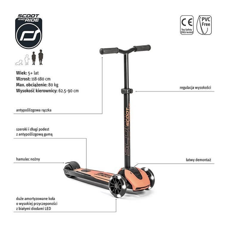 Highwaykick 5 LED Hulajnoga trójkołowa balansowa ze świecącymi kółkami 5+ Peach / Scootandride