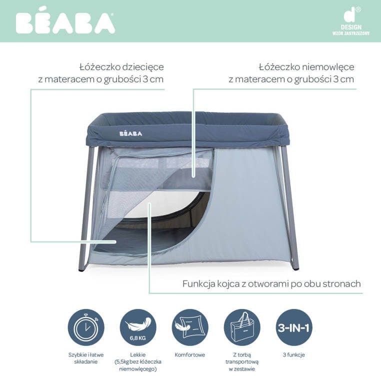 Łóżeczko turystyczne dwupoziomowe z funkcją kojca 3w1 Eazy sleep Mineral grey / Beaba