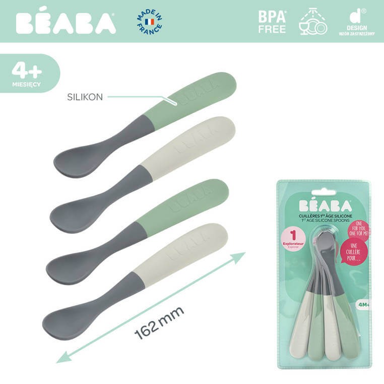 Zestaw 4 łyżeczek silikonowych 4 m+: mineral grey, sage green / Beaba