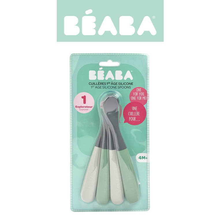 Zestaw 4 łyżeczek silikonowych 4 m+: mineral grey, sage green / Beaba