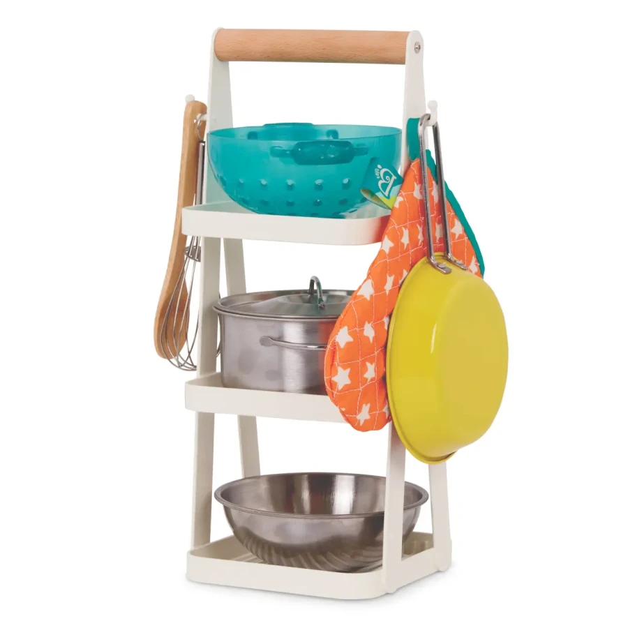 Mini Chef - Pot-n-Pan Playset - zestaw realistycznych naczyń i przyborów kuchennych ze stojakiem / B.Toys