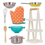 Mini Chef - Pot-n-Pan Playset - zestaw realistycznych naczyń i przyborów kuchennych ze stojakiem / B.Toys