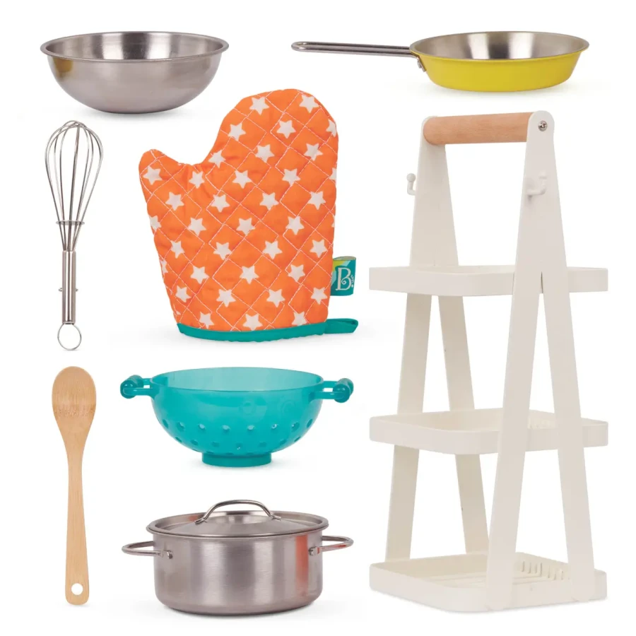 Mini Chef - Pot-n-Pan Playset - zestaw realistycznych naczyń i przyborów kuchennych ze stojakiem / B.Toys