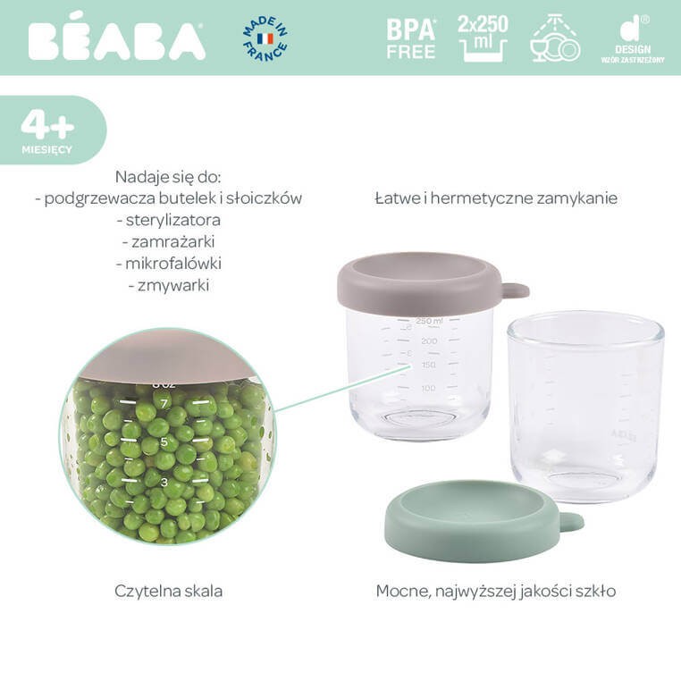 Zestaw pojemników słoiczków szklanych z zamknięciem 2 x 250 ml Sage green-Gazelle / Beaba