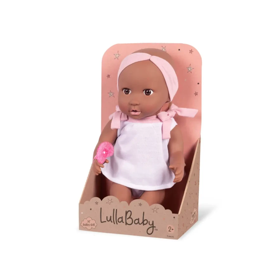 Lalka niemowlę ze smoczkiem, w dwuczęściowym ubranku i opasce, afrykanka / LullaBaby