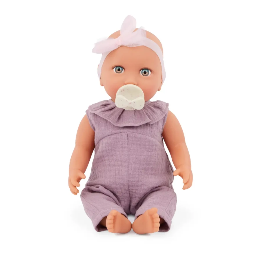 Lalka niemowlę ze smoczkiem, w muślinowym ubranku i opasce, dwubarwne tęczówki / LullaBaby