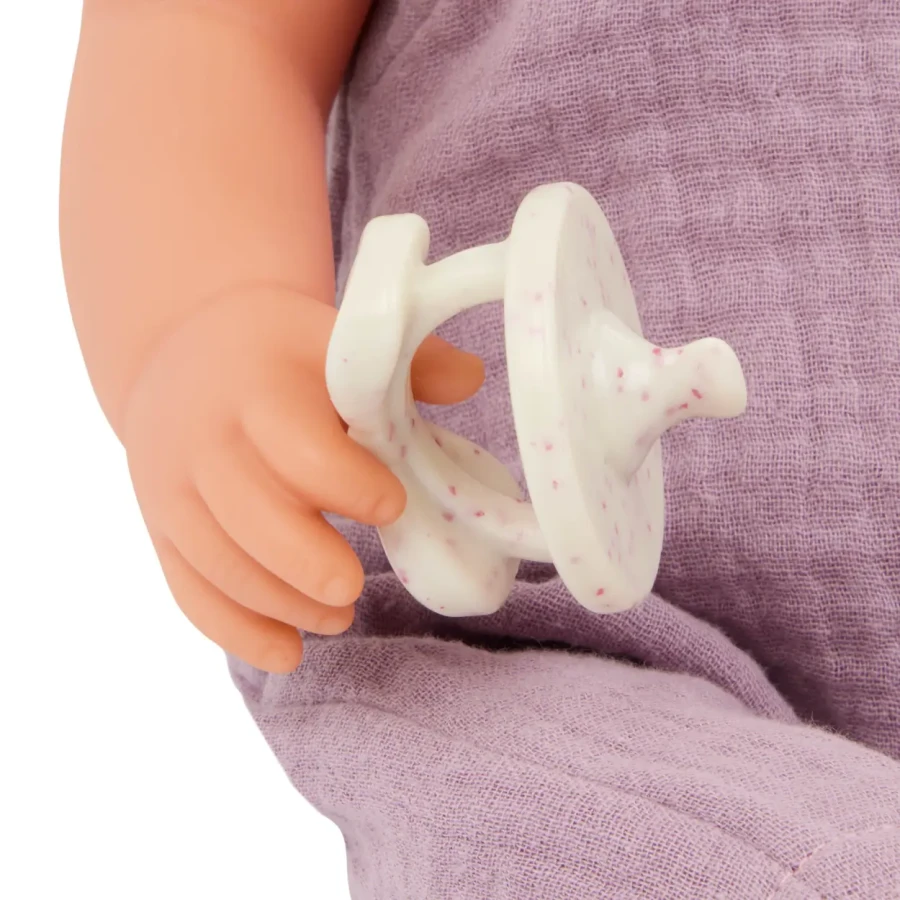 Lalka niemowlę ze smoczkiem, w muślinowym ubranku i opasce, dwubarwne tęczówki / LullaBaby