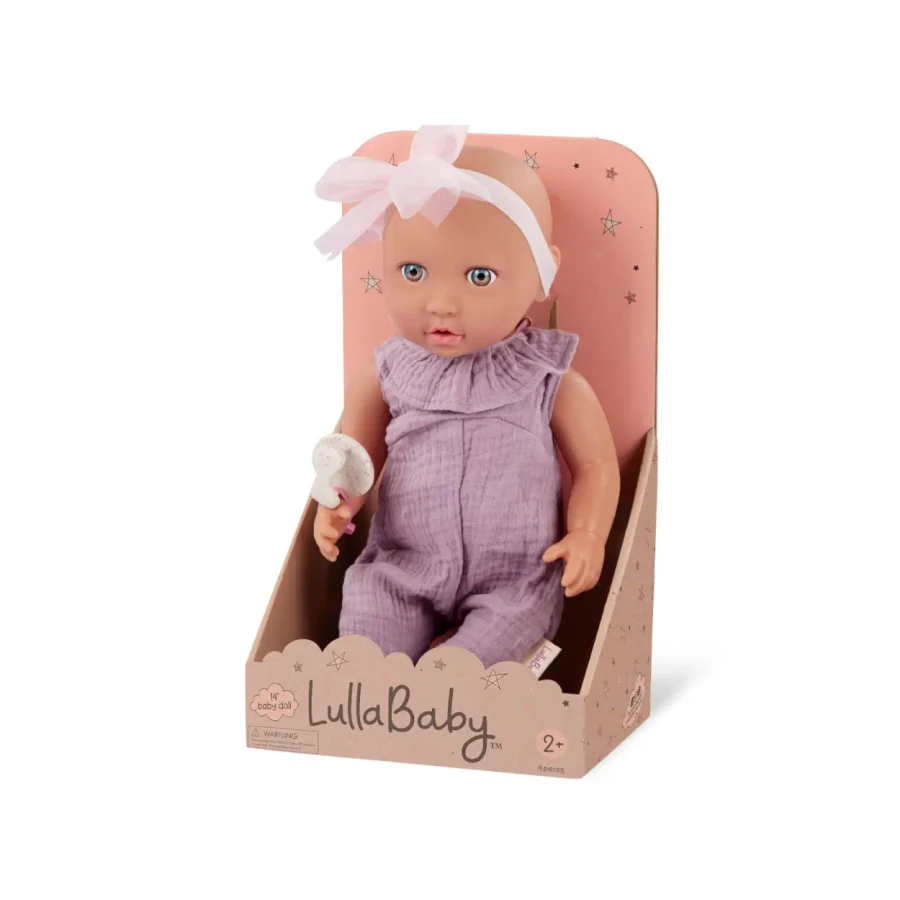 Lalka niemowlę ze smoczkiem, w muślinowym ubranku i opasce, dwubarwne tęczówki / LullaBaby