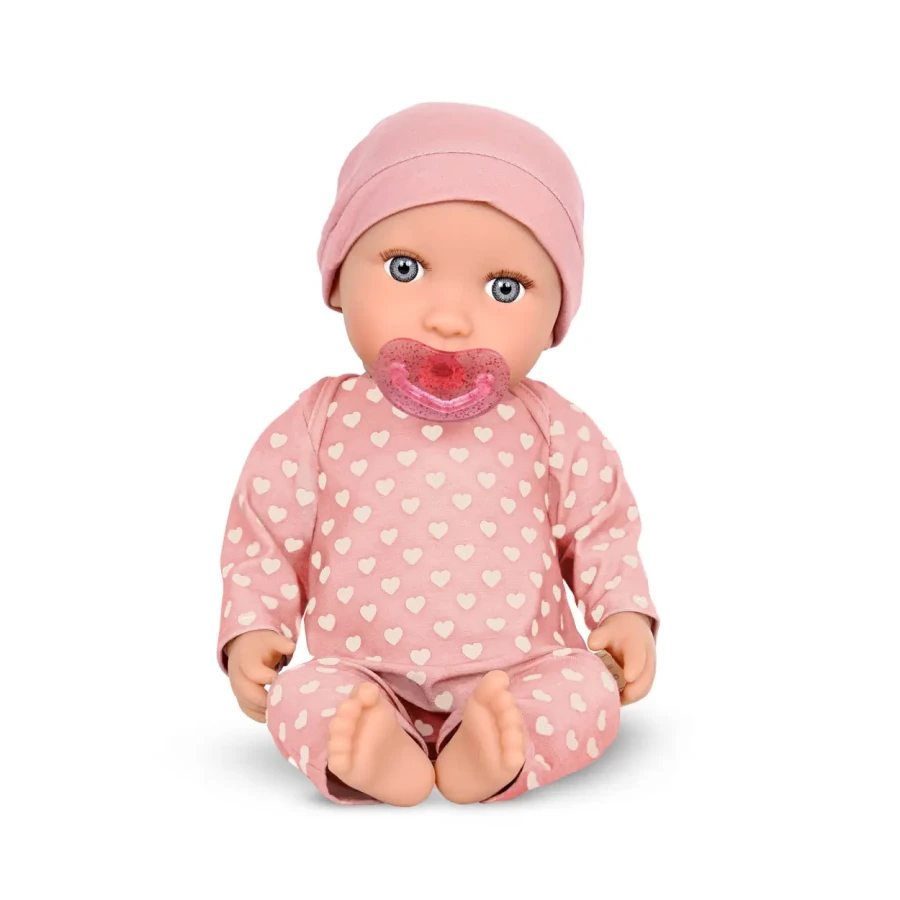 Lalka niemowlę ze smoczkiem, w piżamce w serduszka i czapeczce / LullaBaby