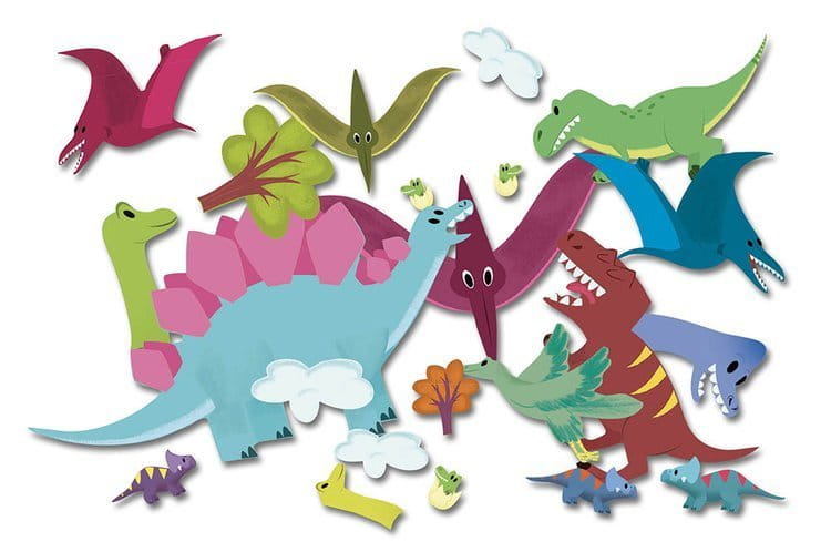 Na białym tle mamy różne dinozaury: zielone, niebieskie, fioletowe, chodzące i latające oraz chmurki czy drzewka