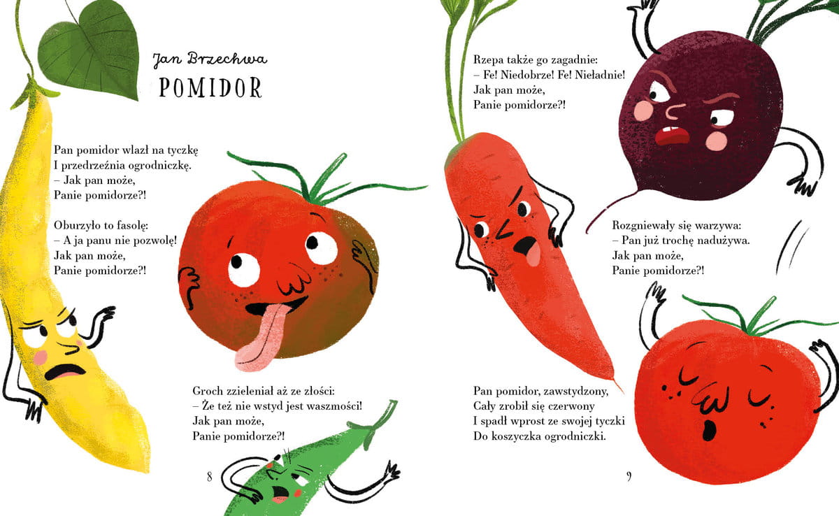 Rozkładówka z wierszem Jana Brzechwy "Pomidor" z ilustracjami przedstawiającymi różne warzywa
