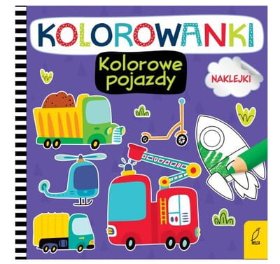 Niebieska okładka a na niej różne pojazdy - wywrotka, helikopter, ciężarówka, straż pożarna i rakieta