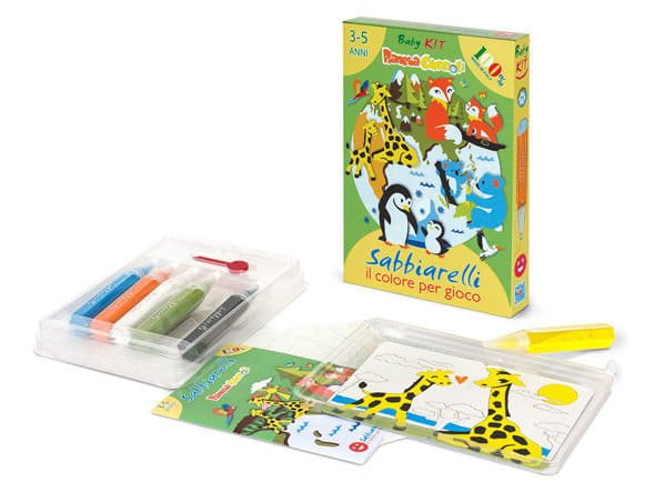 Magiczny, kolorowy piasek z planszami z ilustracjami zwierząt i