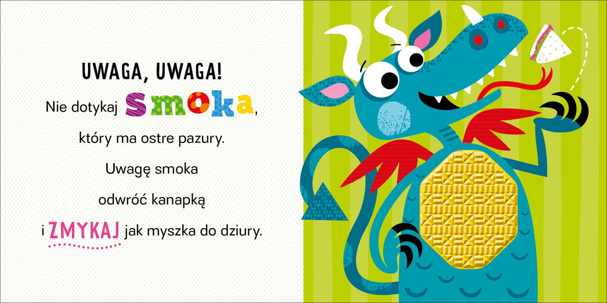 Rozkładówka książki sensorycznej - po jednej stronie mamy tekst, a po drugiej wizerunek smoka z sensorycznymi elementami