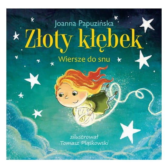 Okładka książki z wierszami z dziewczynką i złotym kłębkiem
