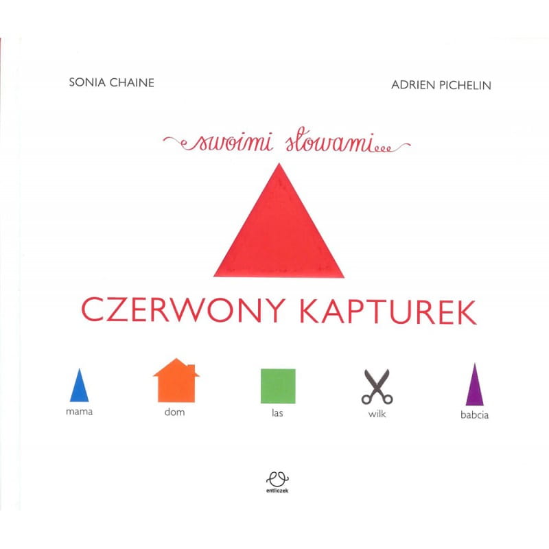 Okładka książki o Czerwonym Kapturku z różnokolorowymi kształtami geometrycznymi