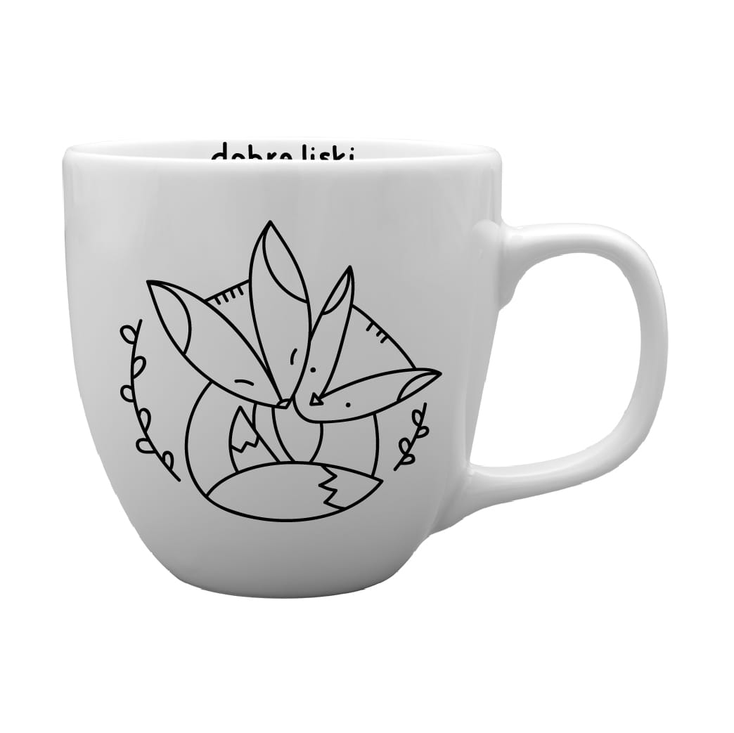 Biały, porcelanowy kubek z grafiką z liskami